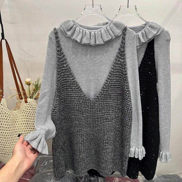 LILY MOST闪闪马甲背心裙子叠穿秋季套装女荷叶边针织衫两件套裙