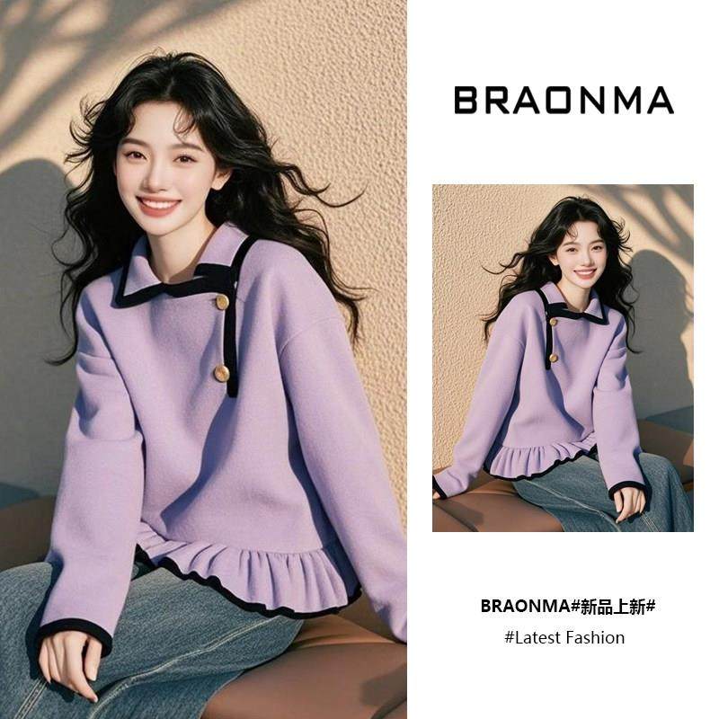 BRAONMA 减龄洋气~紫色荷叶边小个子翻领拼接套头卫衣女2025春季,服饰配件/皮带/帽子/围巾,手帕,淘宝优惠券,粉丝福利购,淘宝优惠卷