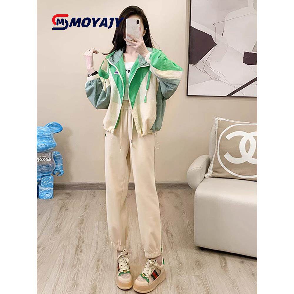 MOYAJY品牌撞色风衣外套休闲运动套装女秋洋气显瘦哈伦裤两件套