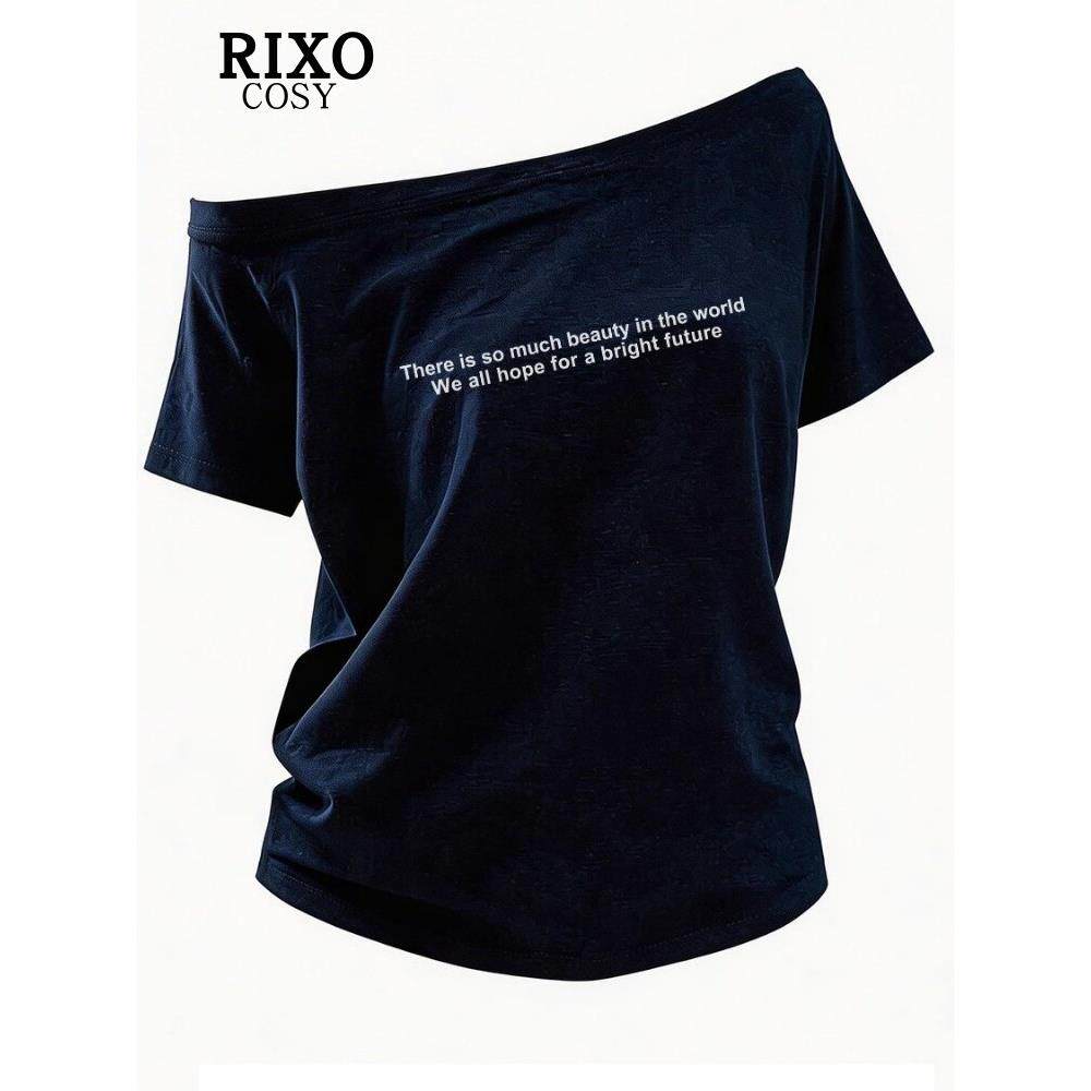 RIXO COSY美式字母印花一字领肩短袖t恤女夏斜肩露肩宽松显瘦上衣