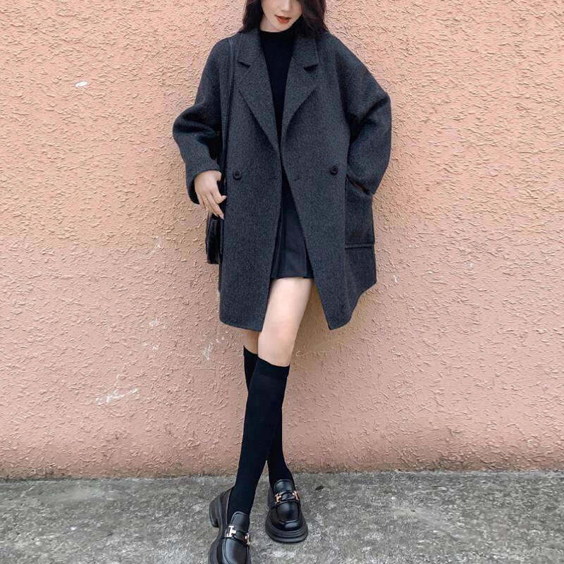 Ethmmia冬季新款小个子灰色双面羊毛大衣女高级感中长款毛呢外套