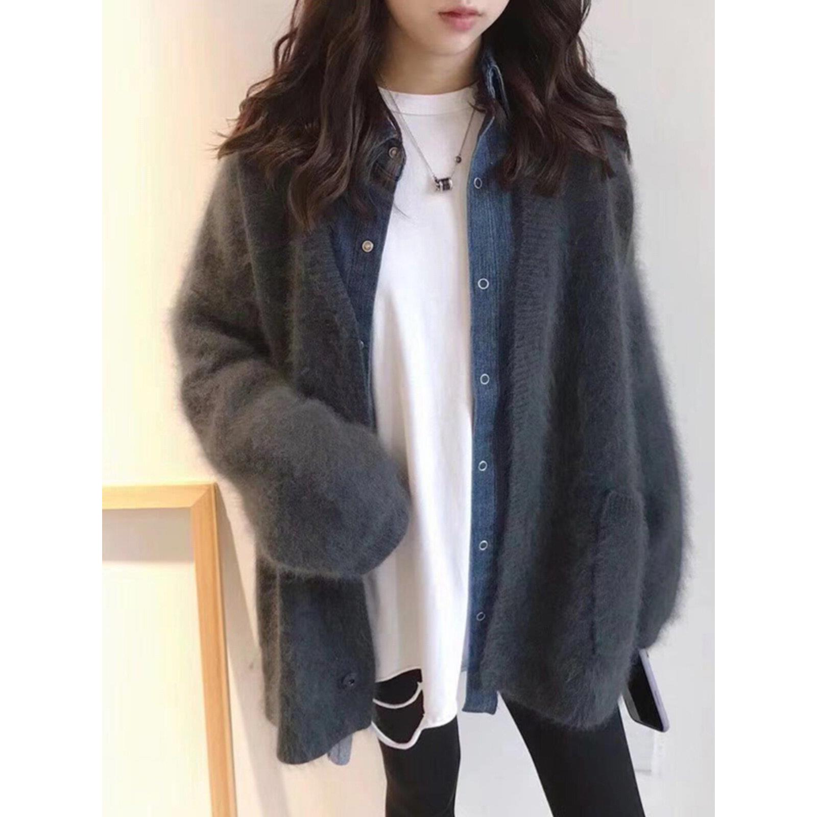 Spyb2025早春新设计慵懒风格宽松马海毛软糯针织羊毛衫开衫女式