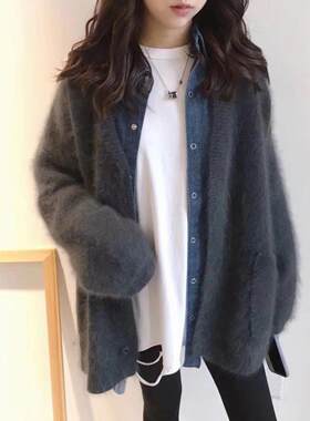 Spyb2025早春新设计慵懒风格宽松马海毛软糯针织羊毛衫开衫女式