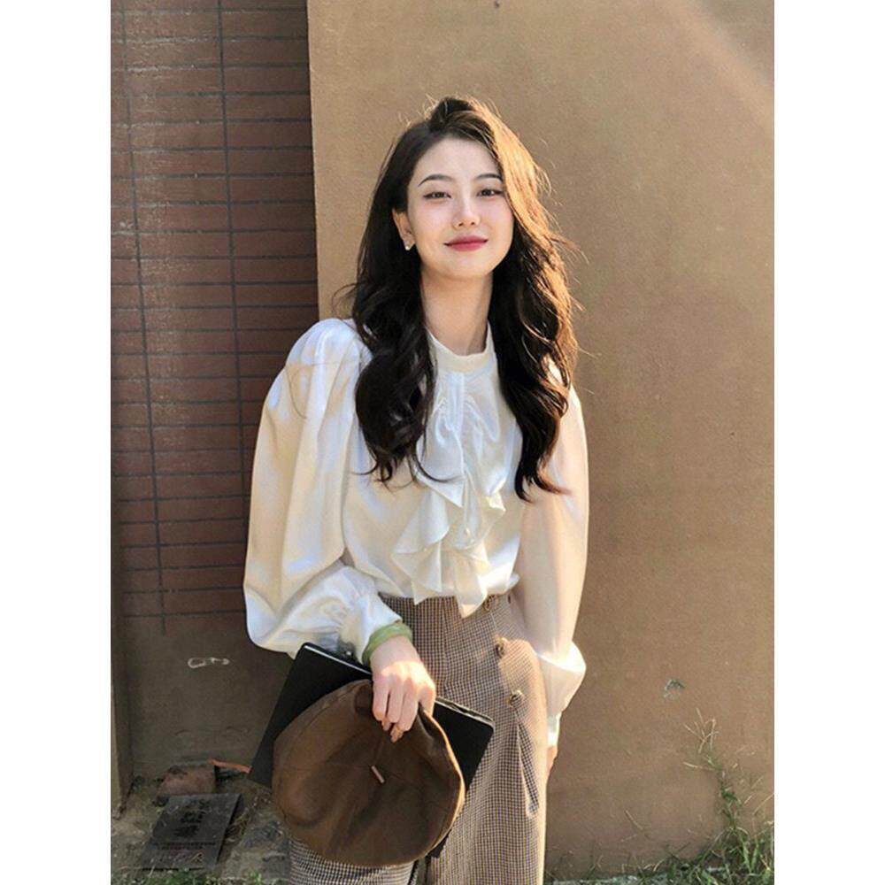 SPYB法式气质缎面白色立领衬衣女春秋新款高级感泡泡袖衬衫上衣