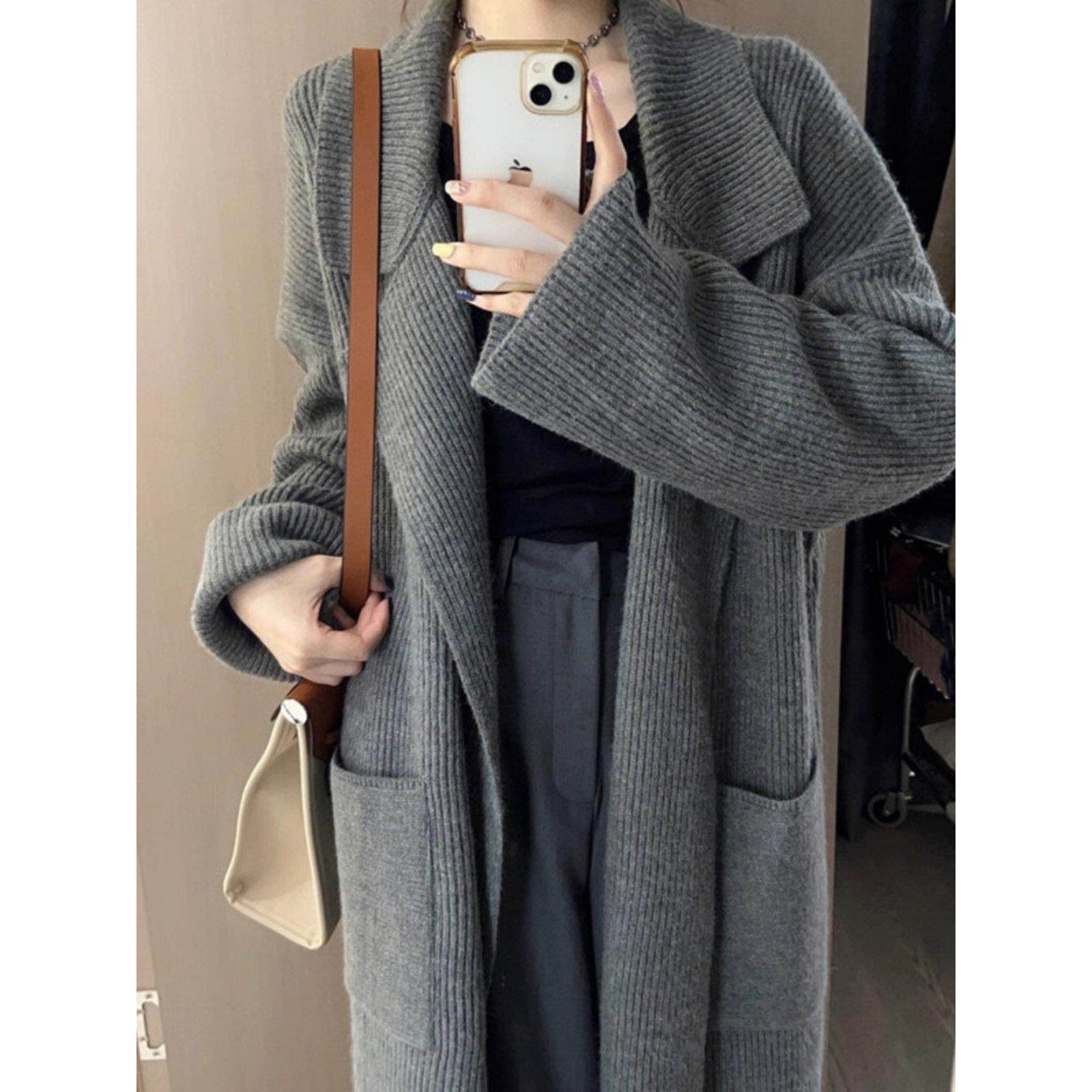 SPYB加厚宽松长款过膝灰色慵懒风针织开衫毛衣外套女中长款秋冬季