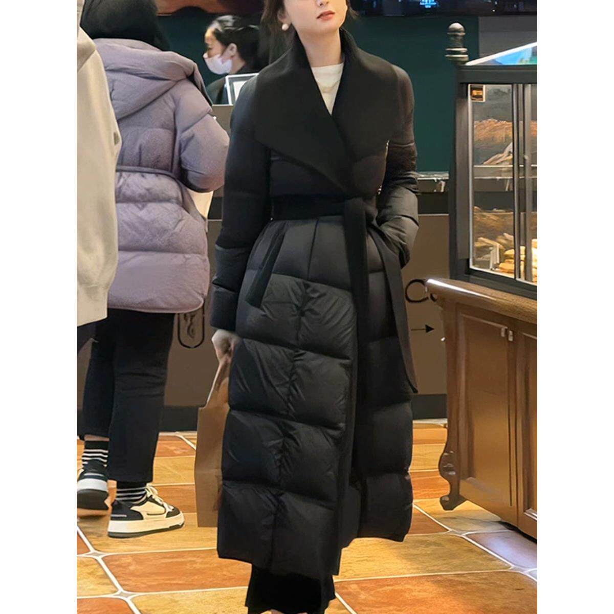 Baulmain Paul中长款大翻领绑带羽绒服女冬季高端加厚白鸭绒外套