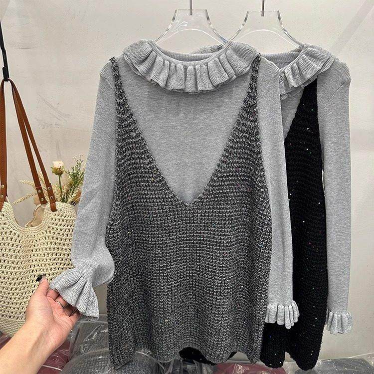 LILY MOST闪闪马甲背心裙子叠穿秋季套装女荷叶边针织衫两件套裙