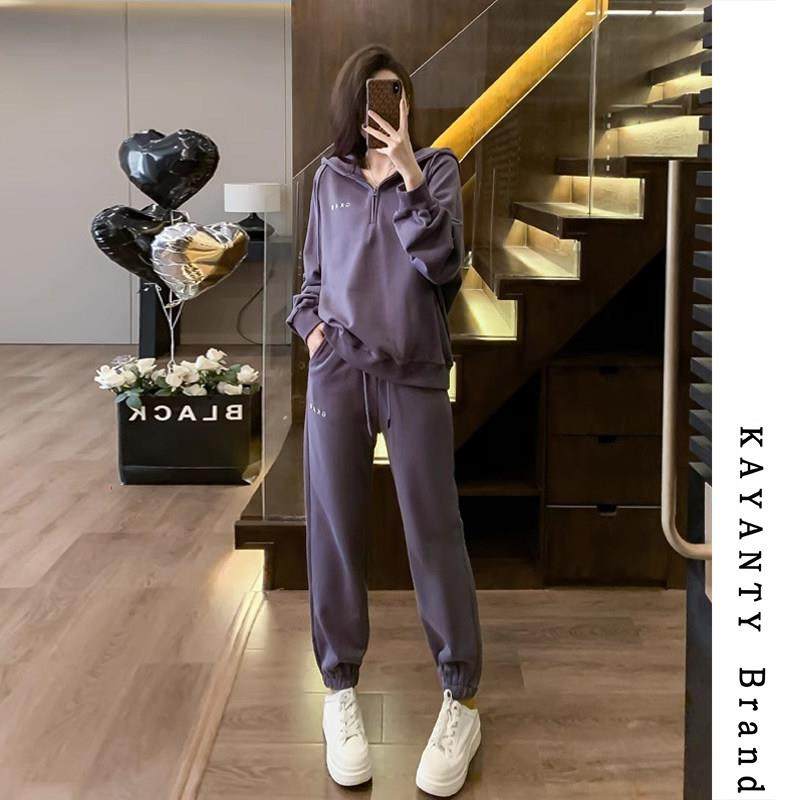 KAYANTY灰色休闲运动套装女春秋时尚宽松显瘦加绒卫衣卫裤两件套