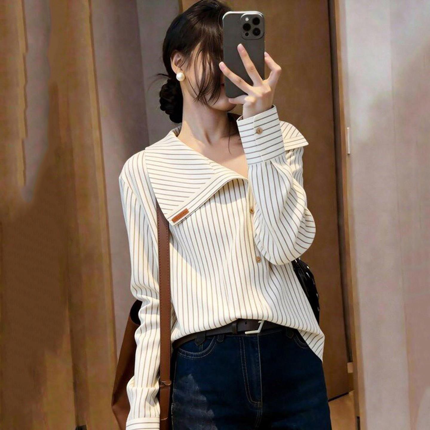 潮牌时尚方领条纹衬衫女春季新款设计感小众高级感气质休闲上衣