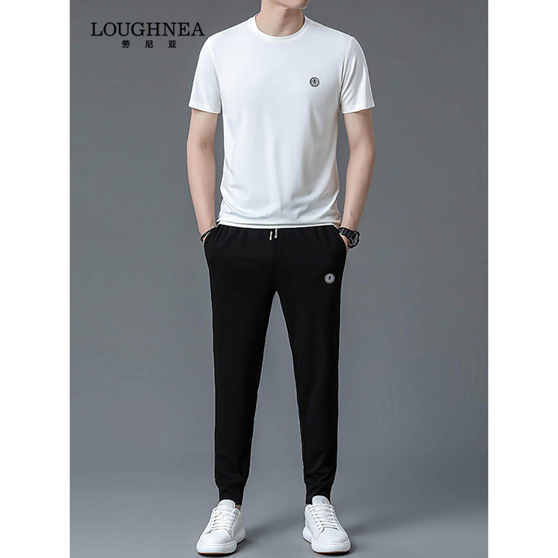 LOUGHNEA高端夏季薄款速干运动套装男2026新款中年白色T恤两件套