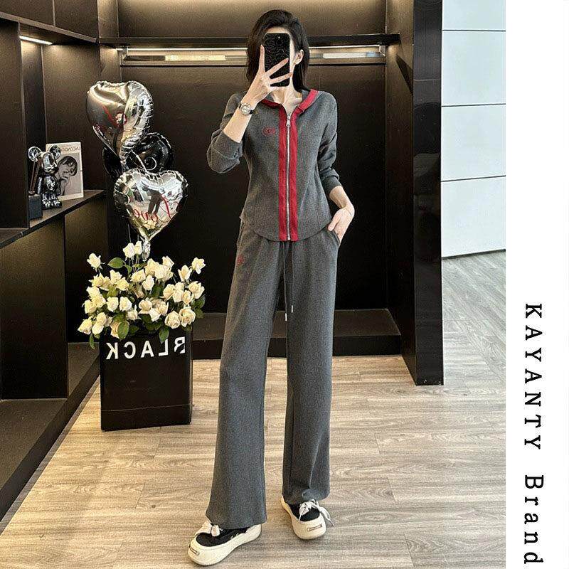 KAYANTY休闲运动套装女春秋2025新款减龄拼接开衫灰色卫衣两件套