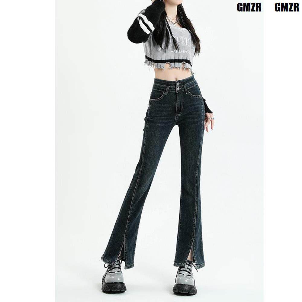 GMZR高腰双排扣开叉微喇牛仔裤女春秋小个子弹力修身显瘦喇叭裤子