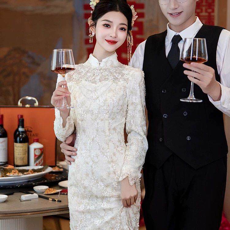 法国Lemondtajoes香槟色旗袍敬酒服绝美长袖新中式订婚结婚礼服女