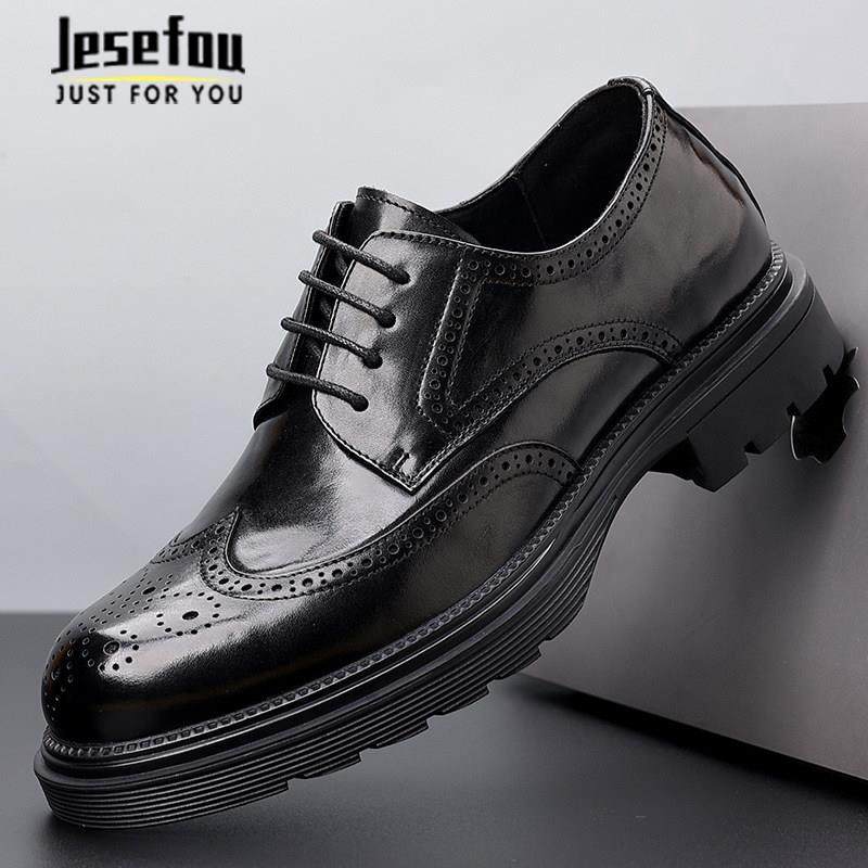 Jesefou高端奢侈秋季男鞋商务休闲皮鞋厚底真皮鞋牛皮布洛克皮鞋