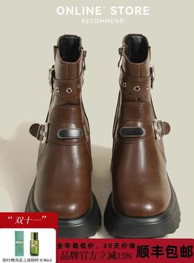 STXT马丁靴女2025秋季新款内增高10公分覆古英伦风厚底真皮短靴