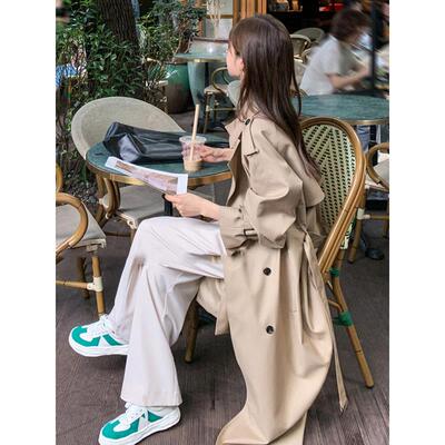 Ethmmia2025春秋韩版通勤双排扣卡其色风衣女中长小个子过膝大衣