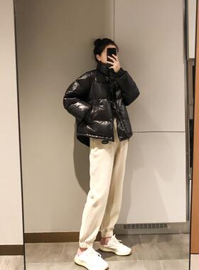 LILY MOST亮面黑色白鸭绒羽绒服女短款加厚宽松立领外套冬