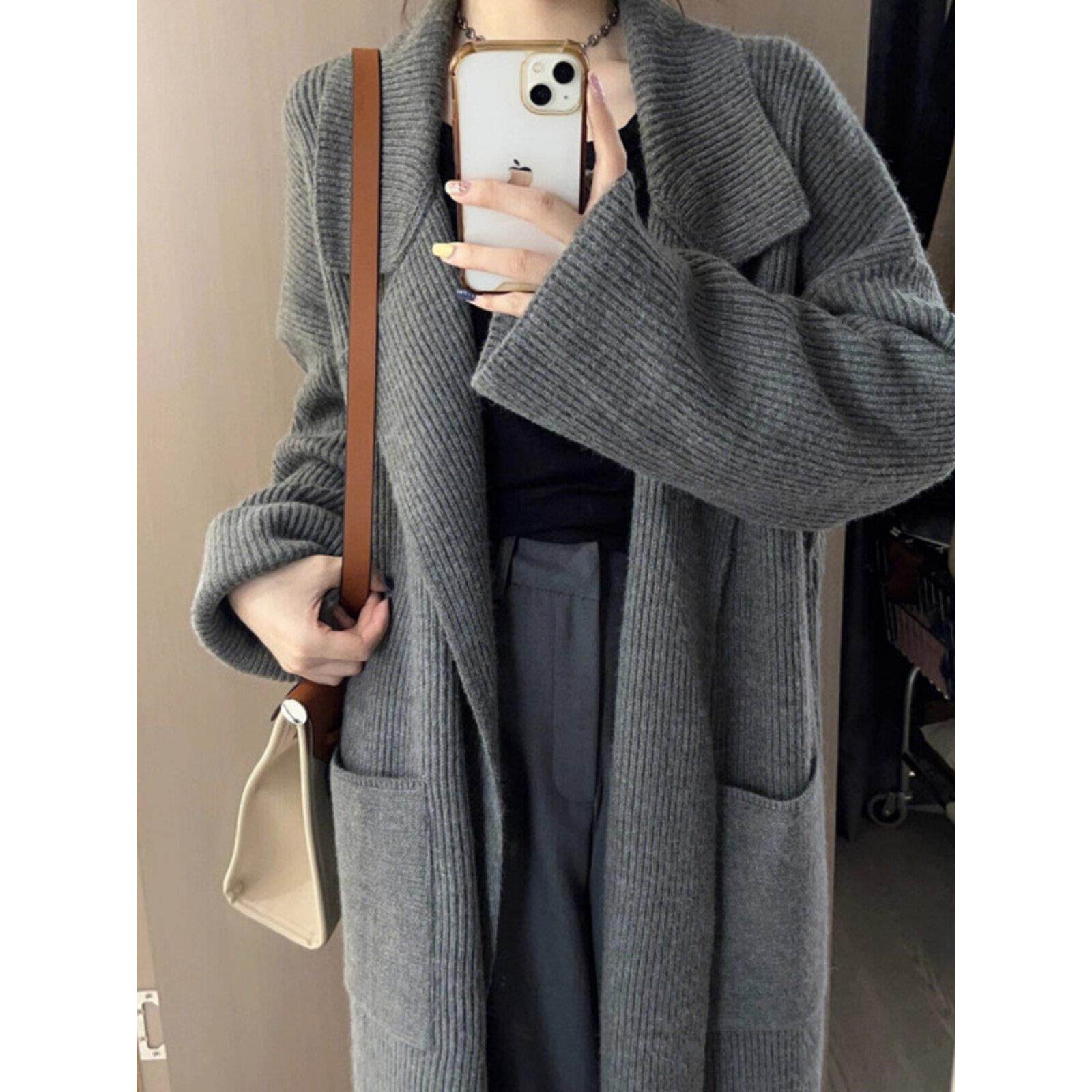 SPYB加厚宽松长款过膝灰色慵懒风针织开衫毛衣外套女中长款秋冬季