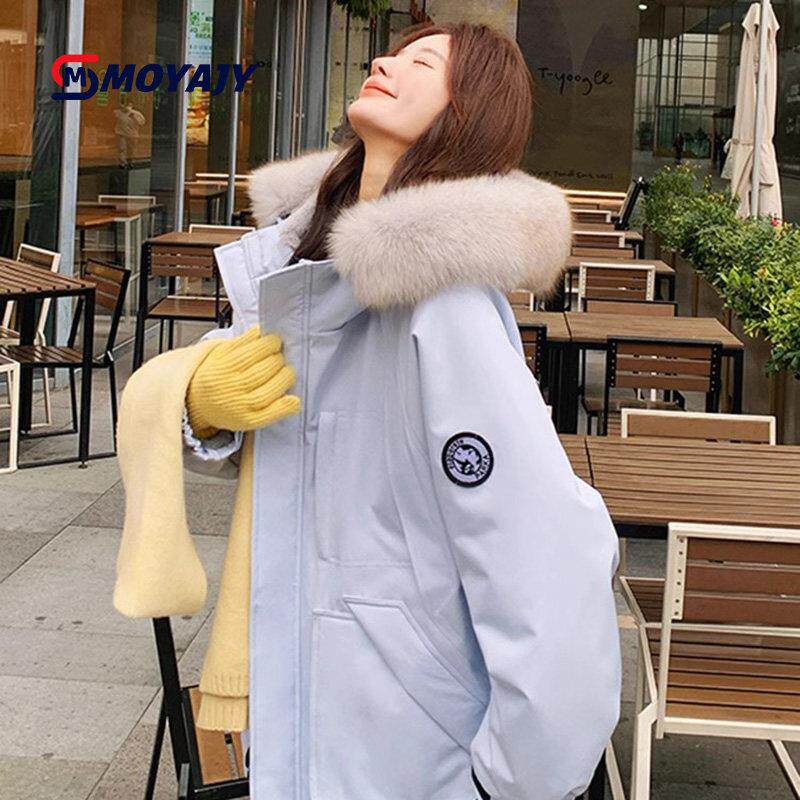 MOYAJY品牌蓝色羽绒棉服女新款冬季加绒加厚工装棉袄外套毛领派克