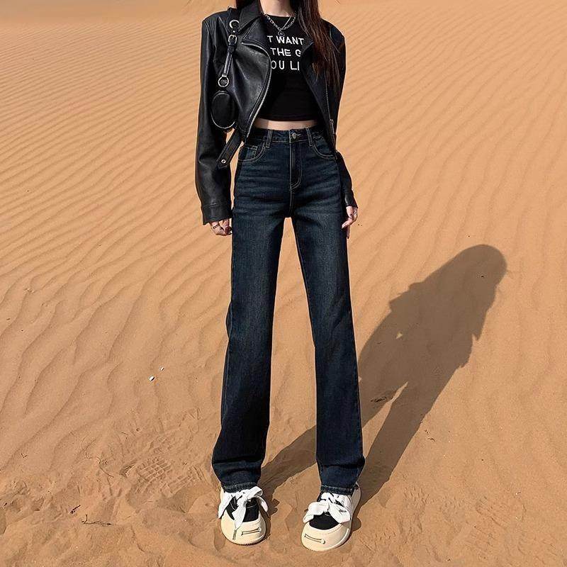 SPYB高腰复古加绒阔腿牛仔裤女2024新款小个子弹力修身窄版直筒裤