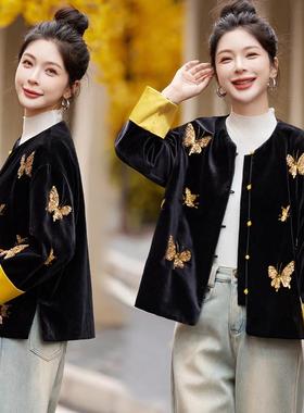 GPTP高级感新中式金丝绒国风外套女秋冬新款复古刺绣短款唐装上衣