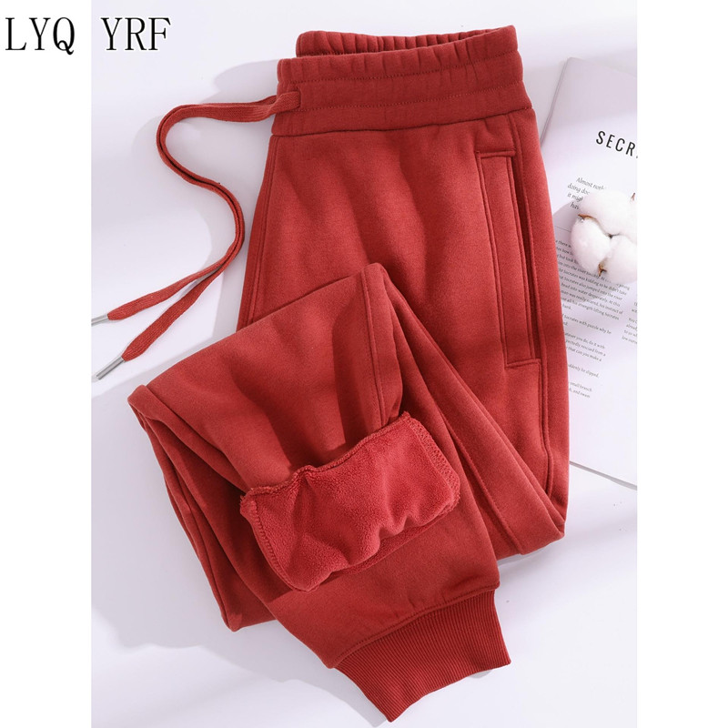 Lyq yrf全棉砖红色加绒加厚运动裤女秋冬时尚卫裤休闲大码长裤子