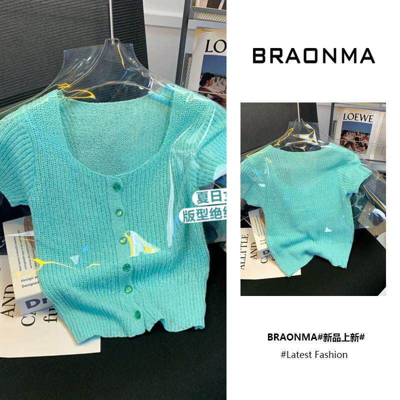 BRAONMA 薄荷曼波风~小清新法式高级感短款针织泫雅风方领短袖T恤