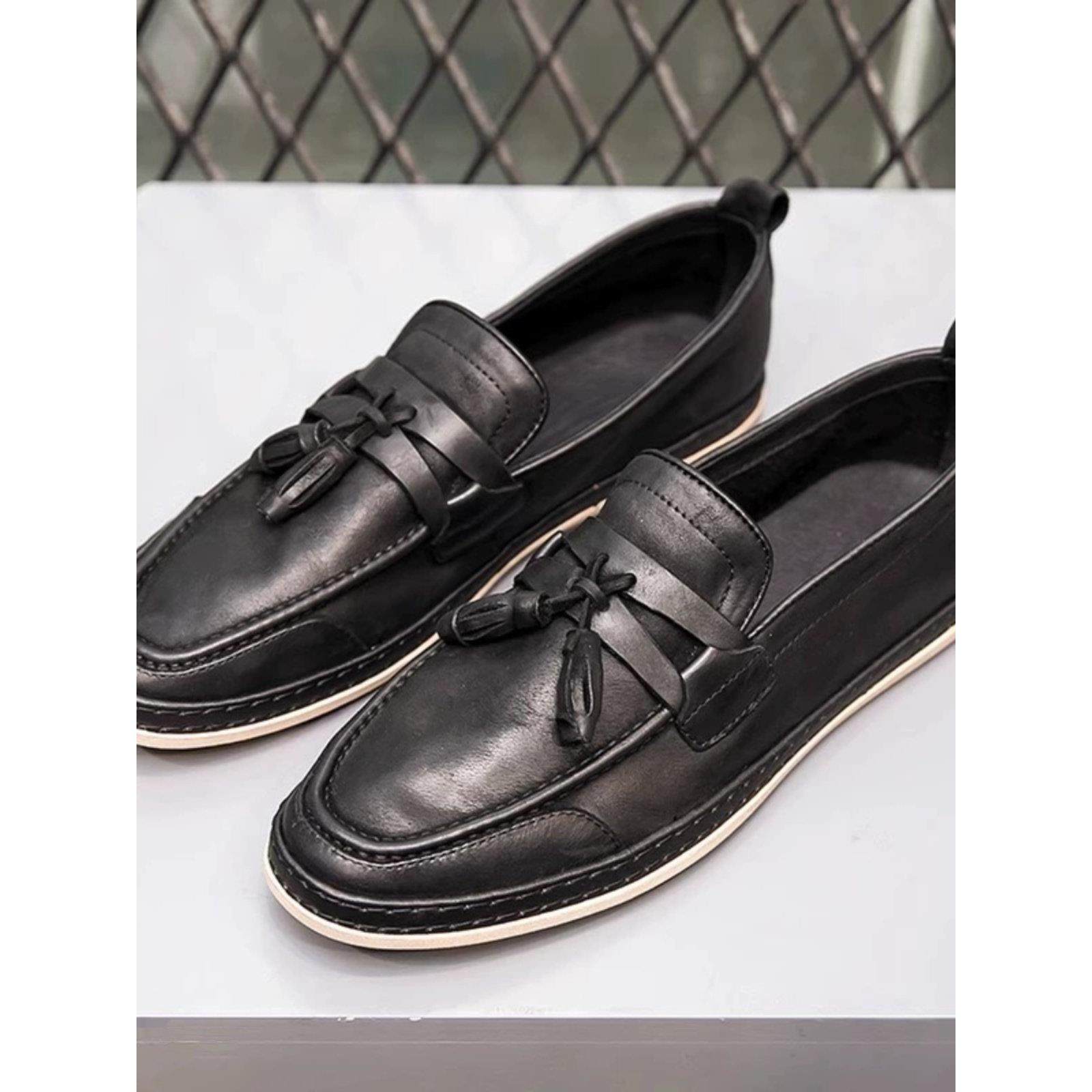 皮鞋男夏季新款软皮懒人驾车鞋英伦流苏一脚蹬乐福鞋真皮豆豆鞋男