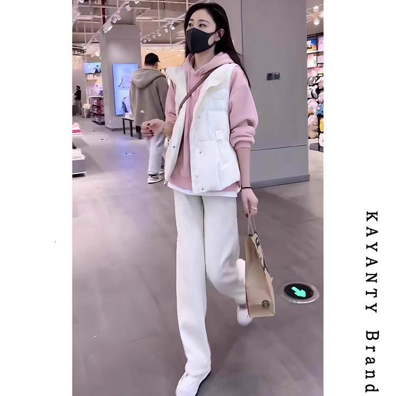 KAYANTY休闲套装女春秋季新款高级感粉色马甲连帽卫衣裤子三件套