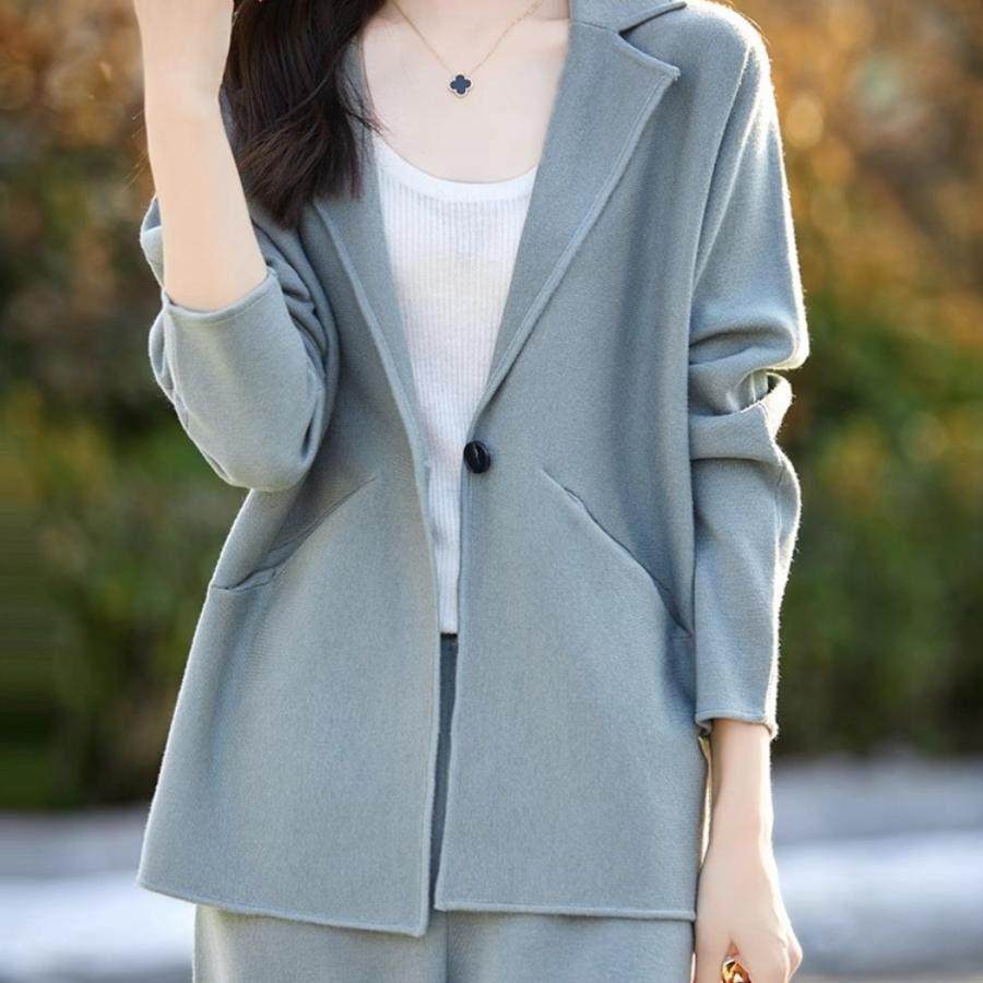 YENR 秋季新款羊毛羊绒针织套装 宽松两件套西装领开衫洋气阔腿裤