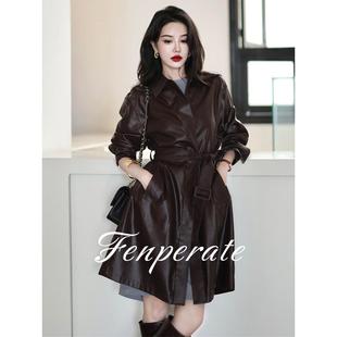 FENPERATE美式覆古风棕色皮衣外套女秋小个子时尚气质中长款夹克