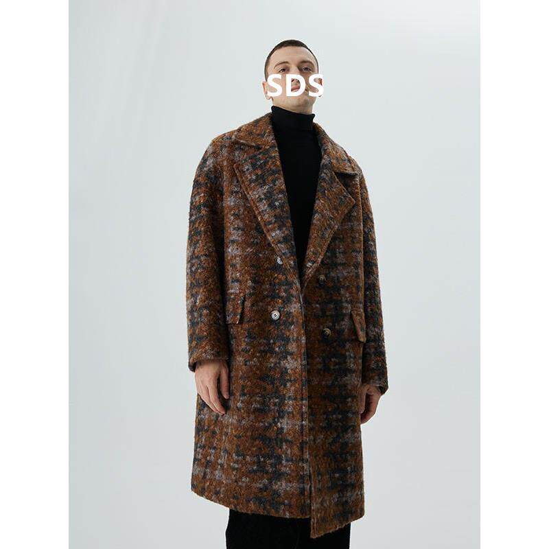 高级感双排扣羊绒大衣男冬季2025新款休闲中长款痞帅格子毛呢外套