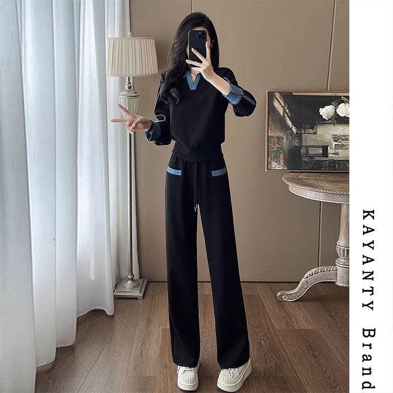 KAYANTY休闲运动套装女春秋款时尚减龄黑色翻领卫衣阔腿裤两件套