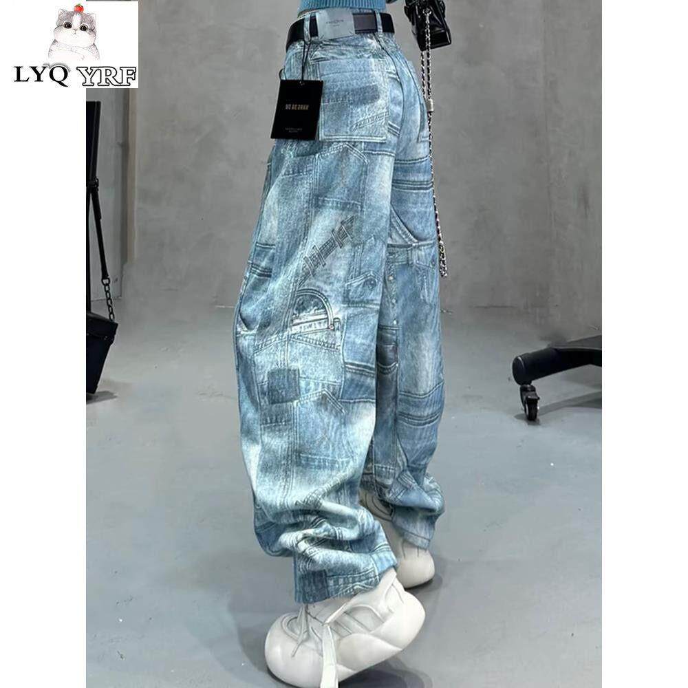 LYQ YRF蓝色加厚加绒直筒牛仔裤女潮ins秋冬季时尚高腰宽松阔腿裤