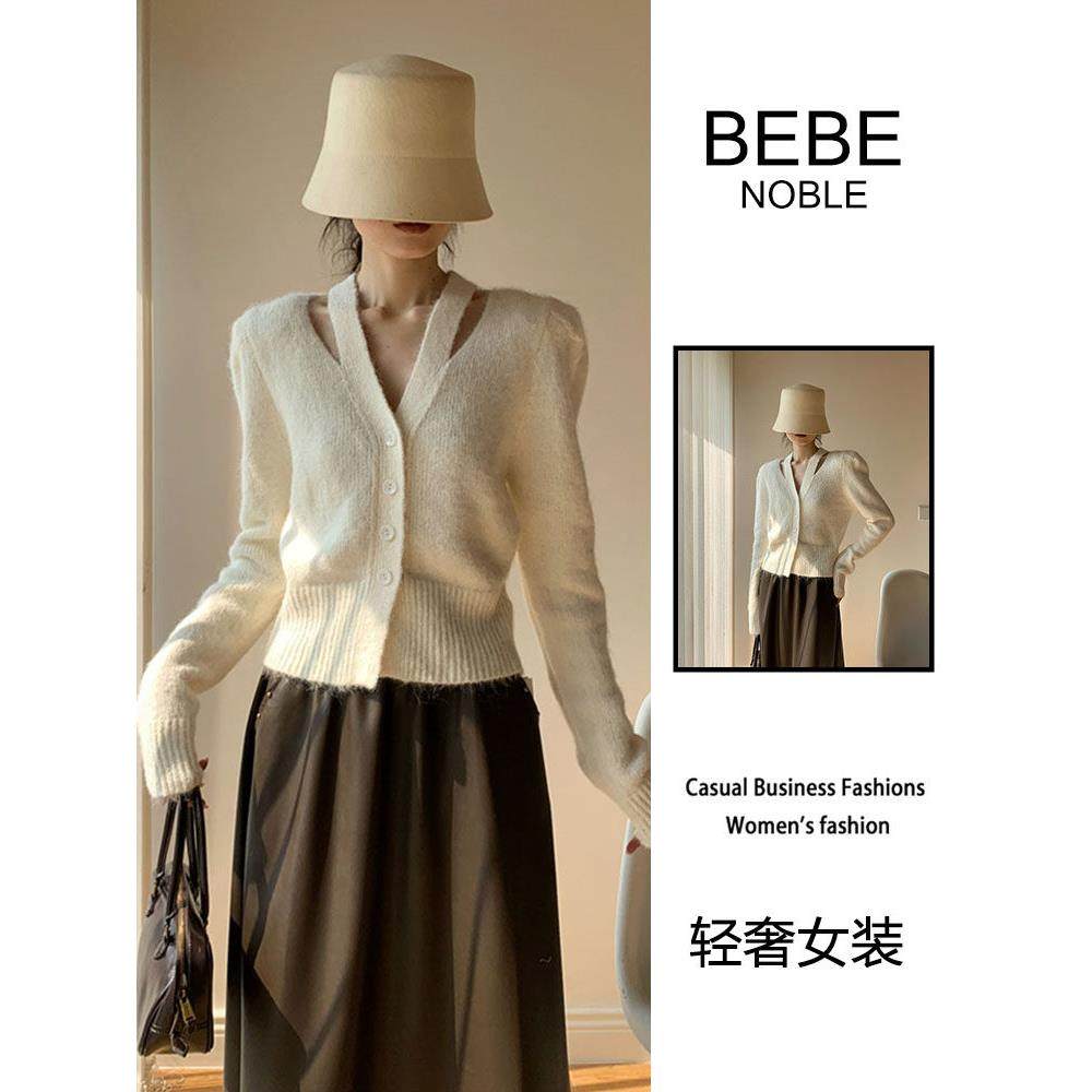 BEBE NOBLE单排扣V领毛衣外套女2025冬季毛茸茸短款垫肩针织开衫,女装/女士精品,常规大码外套,淘宝优惠券,粉丝福利购,淘宝优惠卷