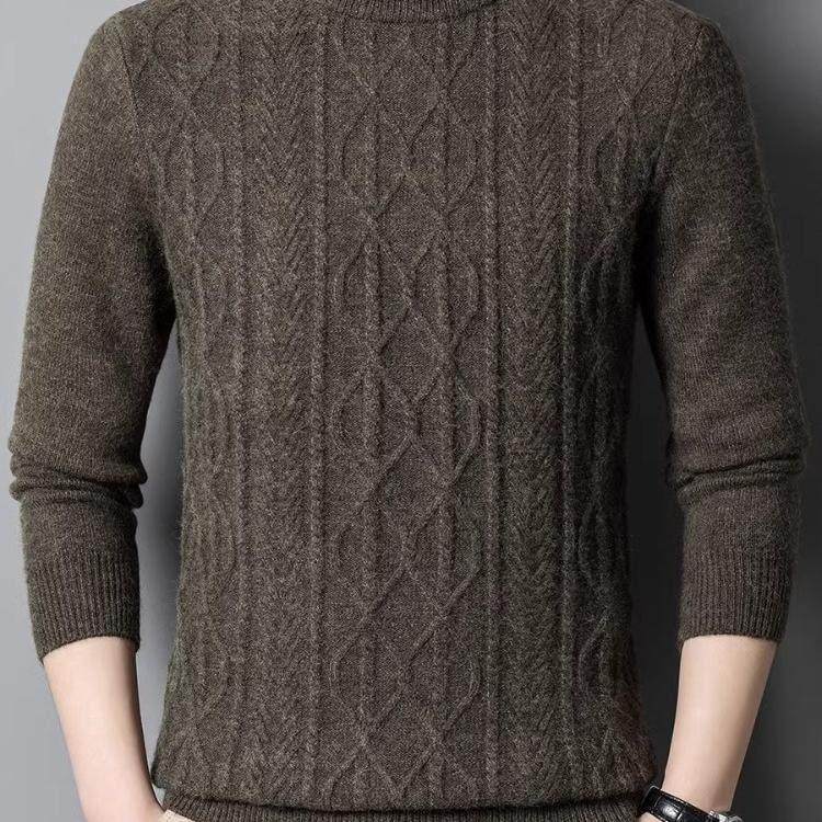 YENR秋冬新款加厚保暖羊毛衫男士半高圆领爸爸装纯色提花针织毛衣