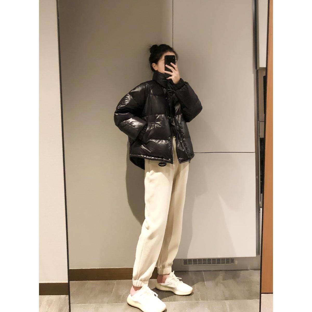 LILY MOST亮面黑色白鸭绒羽绒服女短款加厚宽松立领外套冬