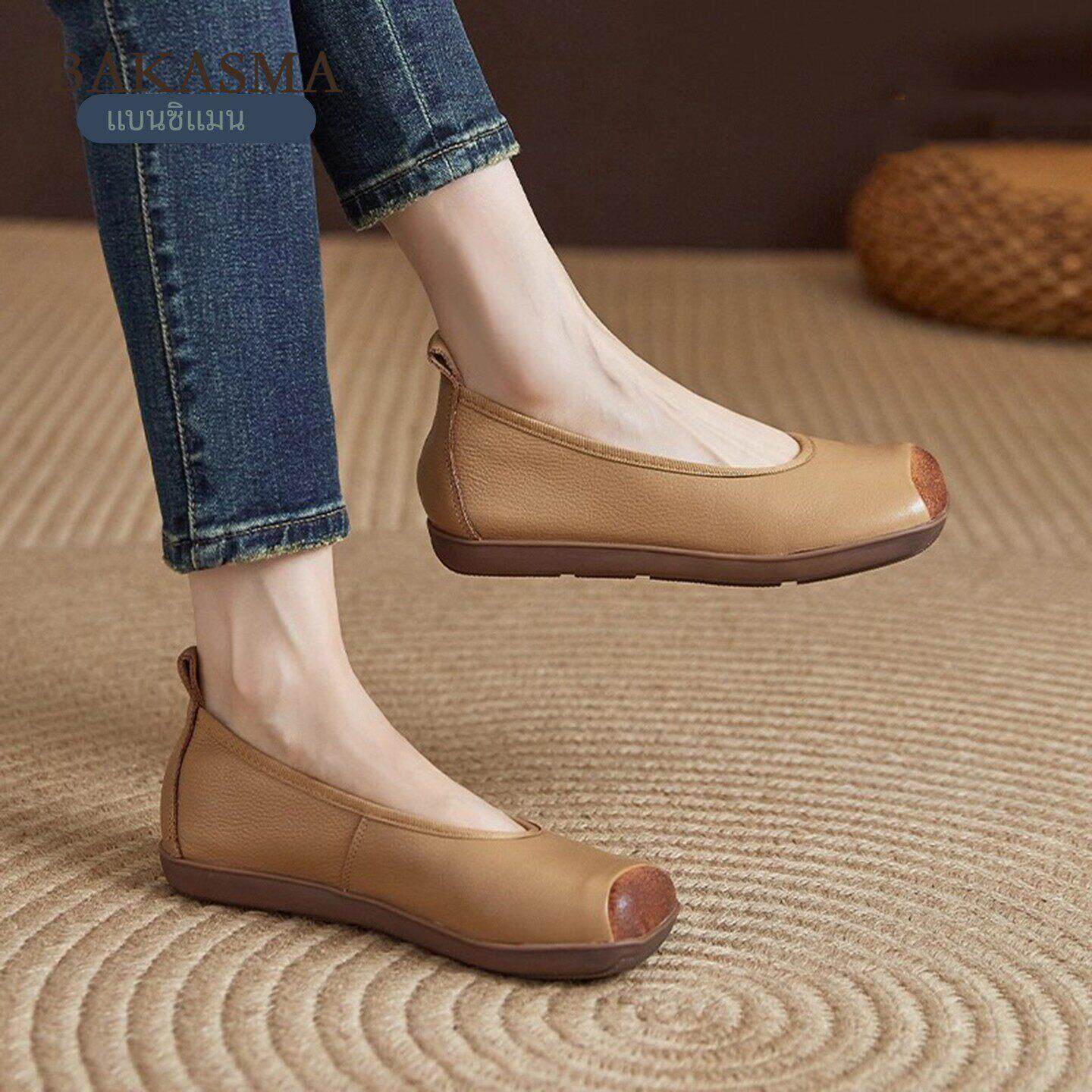 BAKASMA覆古单鞋女士平底舒适方头奶奶鞋一脚蹬休闲中年浅口女鞋