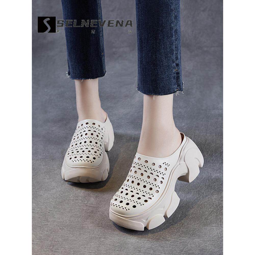 SELNEVENA真皮粗跟厚底凉拖鞋女2025夏季镂空洞洞包头拖鞋半拖鞋
