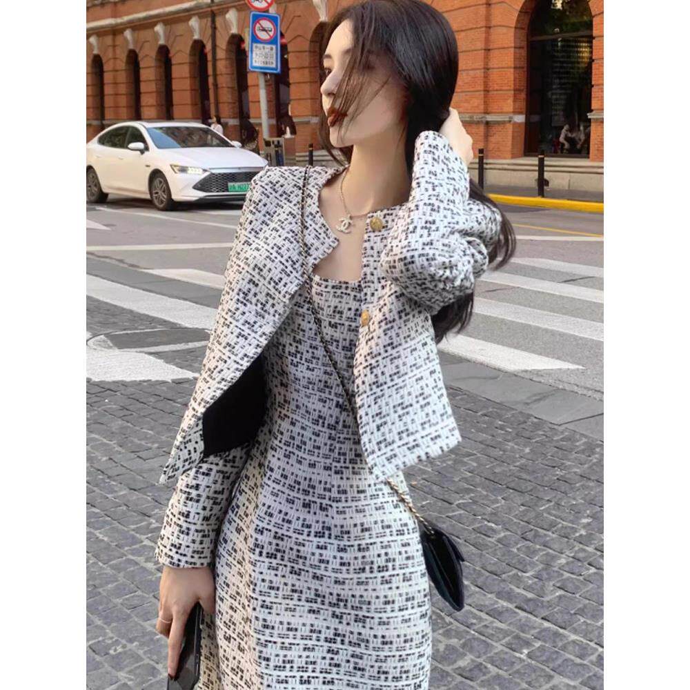 BEBE NOBLE小香风套装裙女春秋季高级感修身显瘦背心连衣裙两件套