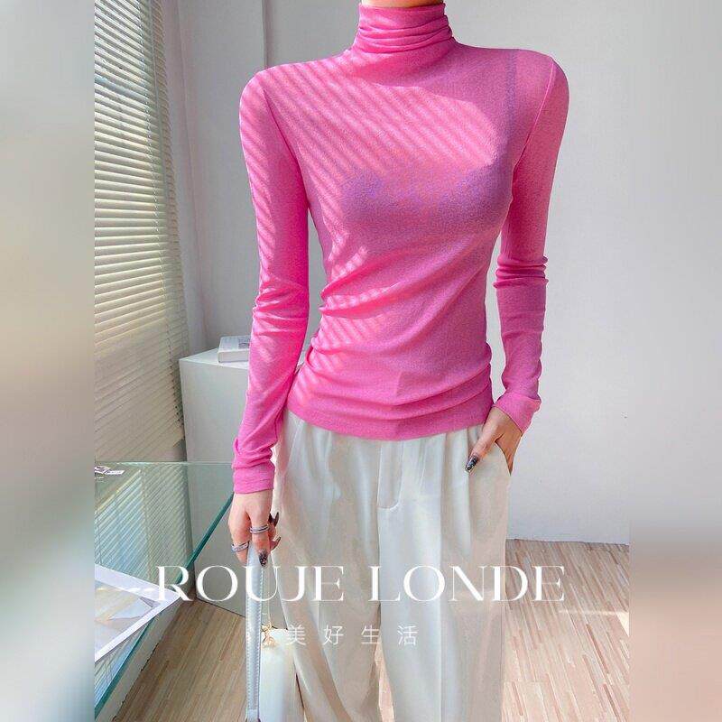 ROUJE LONDE高领网纱打底衫女秋内搭薄款微透堆堆领上衣高级感t恤
