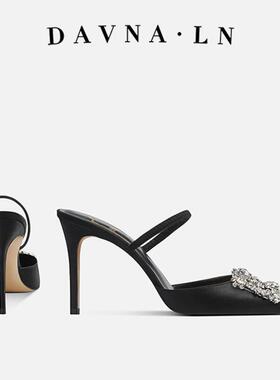 DAVNA`LN黑色凉鞋女2025新款夏季尖头水钻高跟鞋女日常不累脚女鞋