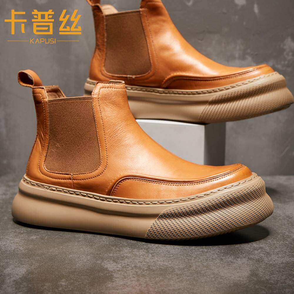 卡普丝马皮秋冬季马丁靴男中筒真皮鞋增高圆头切尔西靴短靴潮皮靴