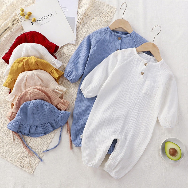 婴儿衣服春秋新款新生儿长款爬服棉质纱布哈衣连体衣宝宝夏季睡衣