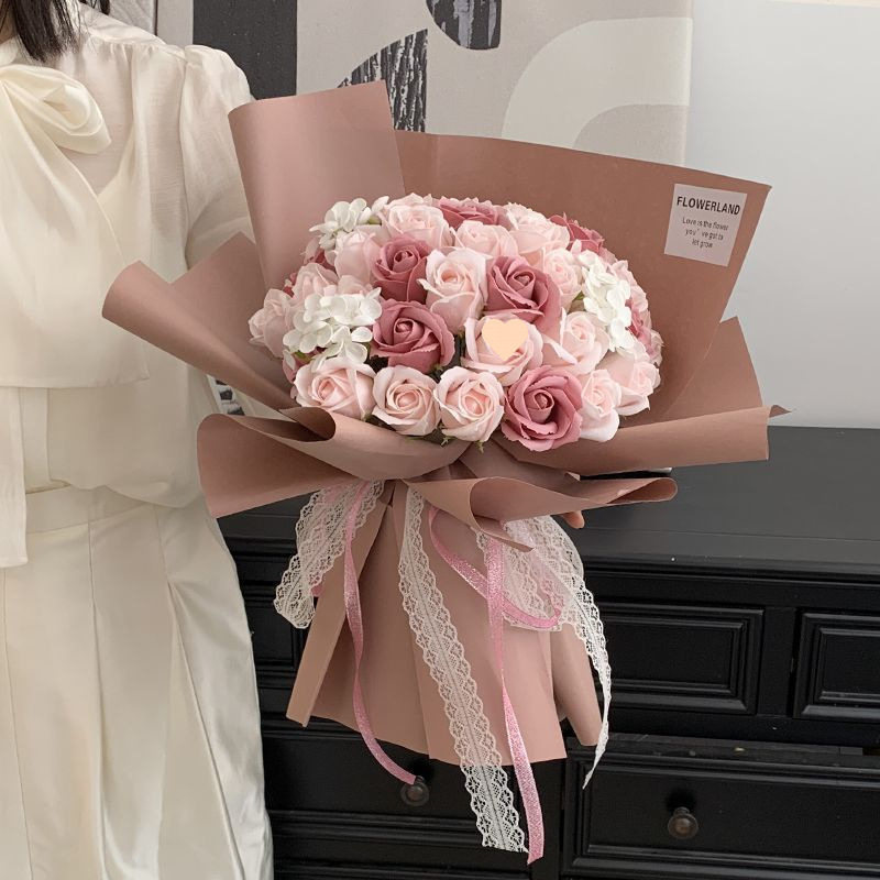玫瑰花束成品生日送女生母亲老婆永生康乃馨假花肥皂花情人节礼物