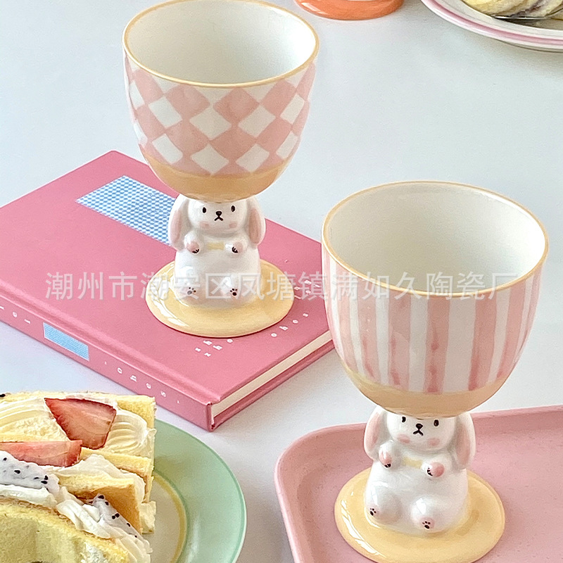 慢如旧-兔子高脚杯可爱手绘立体手捏马克杯不规则大容量咖啡杯子
