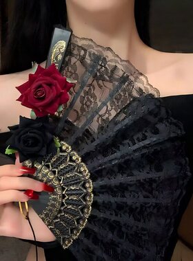 新中式复古黑色蕾丝折扇jk洛丽塔汉服旗袍扇子流苏古风拍照道具