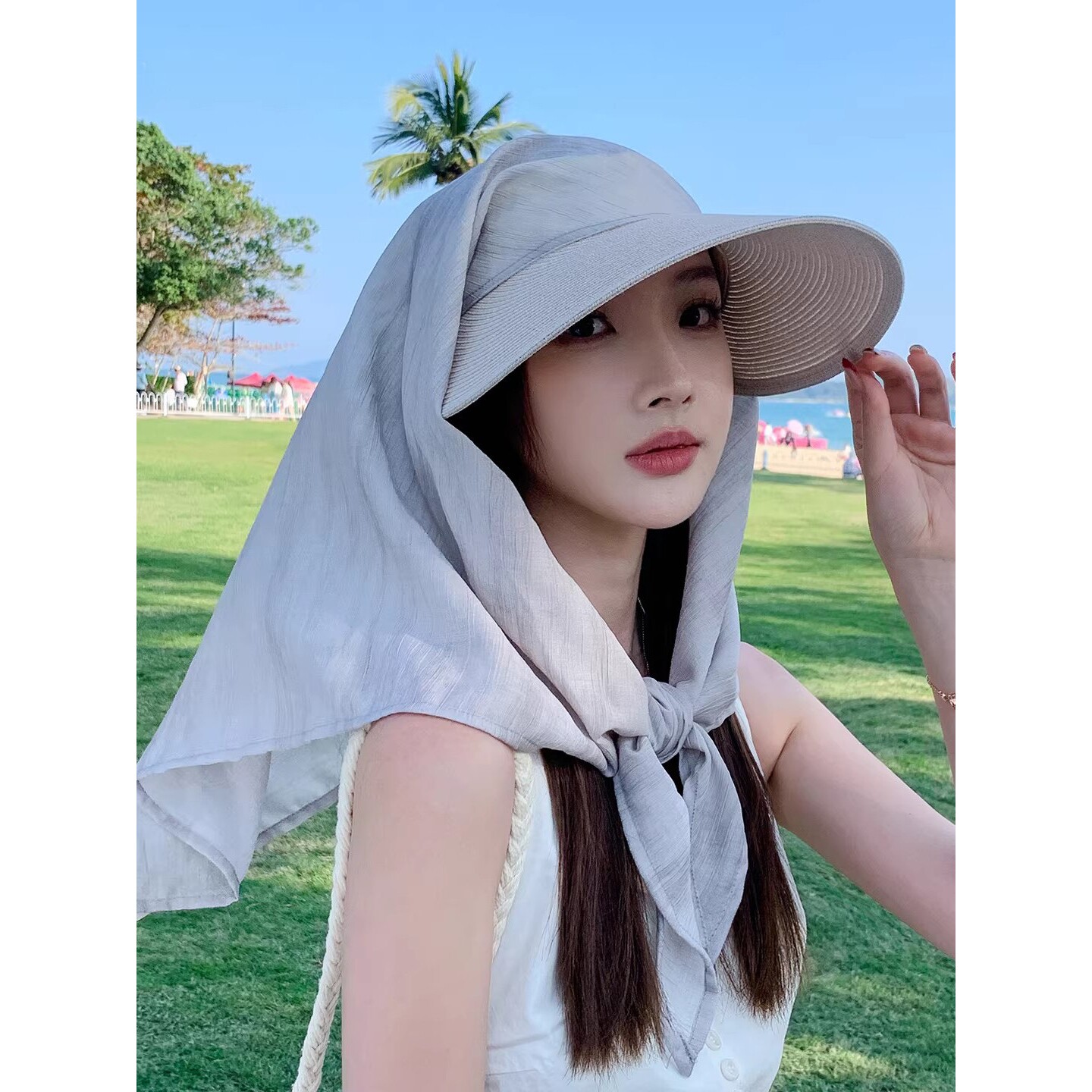 绑带丝巾草编帽子女防晒帽夏季防紫外线新款遮发护颈遮阳帽太阳帽