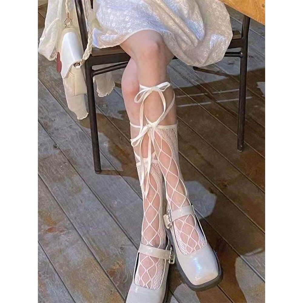 芭蕾风纯欲系带lo绑带袜子女交叉小腿袜网格镂空薄中筒jk丝袜长筒