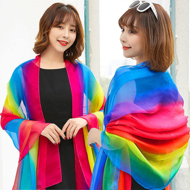 百搭纱巾秋冬丝巾女围巾渐变雪纺彩虹丝巾女士两用